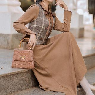 Set: Long-sleeve Midi A-line Shirtdress + Plaid Double-breasted Vest