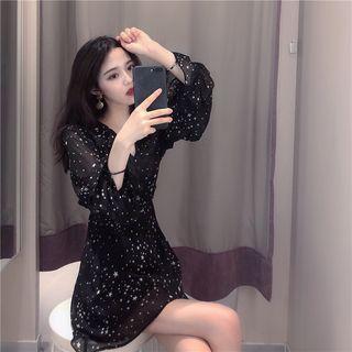 Ruffle V-neck Long-sleeve Dress