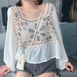 Long-sleeve Floral Knit Panel Blouse