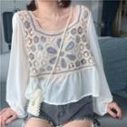 Long-sleeve Floral Knit Panel Blouse