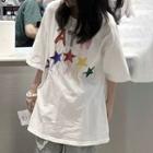 Short-sleeve Lettering Star Print Loose Fit T-shirt