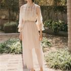 Set: Lace Trim Dotted Long-sleeve Midi A-line Dress + Slipdress