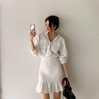 Flap-pocket Smocked Shirtdress