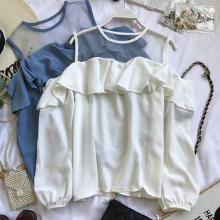Mesh Panel Off-shoulder Long-sleeve Top