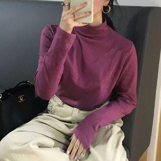Long-sleeve Mock Neck Plain Top As Shown In Figure - One Size