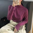 Long-sleeve Mock Neck Plain Top As Shown In Figure - One Size
