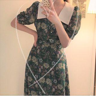Floral Print Collared Short-sleeve Midi A-line Dress As Shown In Figure - One Size