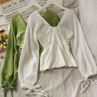 Chiffon-panel Ruched V-neck Top