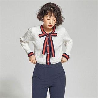 Beribboned Cable-knit Cardigan Ivory - One Size