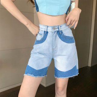 High-waist Two-tone Denim Straight Leg Shorts