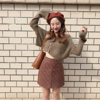 Bell-sleeve Cardigan / Plaid A-line Mini Skirt