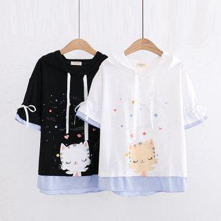 Short-sleeve Cat Print Contrast Trim Hooded T-shirt