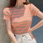 Striped Short-sleeve Knit T-shirt Tangerine - One Size