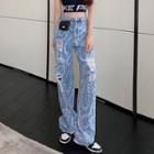 Chain Print Distressed Wide-leg Jeans