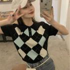 Short-sleeve Argyle Collared Knit Top