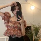 Puff-sleeve Off-shoulder Floral Cropped Blouse Red - One Size