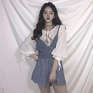 Set: Balloon-sleeve Chiffon Top + Spaghetti-strap Crochet Knit Top + Culottes