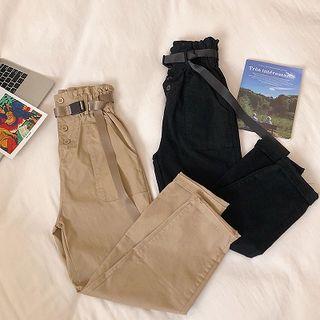 Plain High-waist Double-pocket Pants