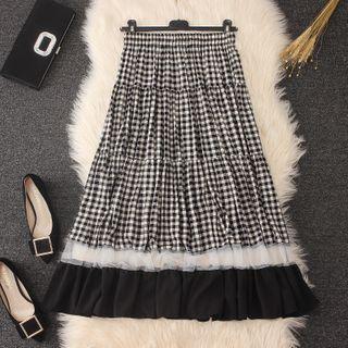 Mesh Trim Plaid Midi A-line Skirt
