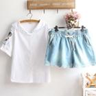 Embroidered Short-sleeve Top / Embroidered Scallop-hem Denim Shorts / Set: Embroidered Short-sleeve Top + Embroidered Scallop-hem Denim Shorts