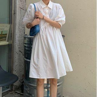 Collared Short-sleeve Shift Dress White - One Size