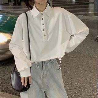 Long-sleeve Polo Collar Loose Fit Drawstring Crop Top