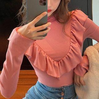 Long-sleeve Mock-neck Ruffled Top