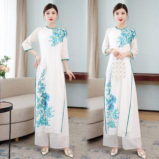 Set: Floral Slit Midi Dress + Wide Leg Pants