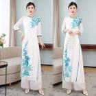 Set: Floral Slit Midi Dress + Wide Leg Pants