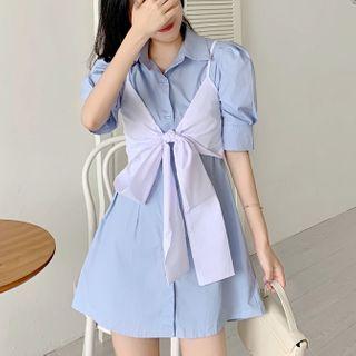Mock Two-piece Ribbon Puff-sleeve Mini A-line Shirtdress