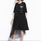 Doll-stitched Mesh Panel Elbow-sleeve T-shirt Dress