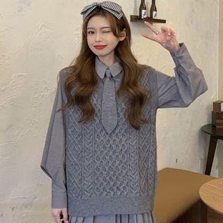 Lantern-sleeve Plain Shirt / V-neck Knit Vest