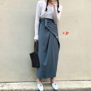 Plain High-waist Maxi Skirt Blue - One Size