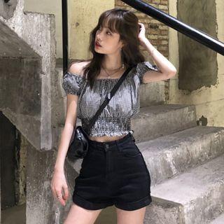 Short-sleeve Off-shoulder Shirred Cropped Blouse