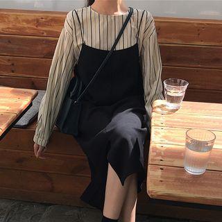Striped Blouse / Spaghetti Strap Midi Dress