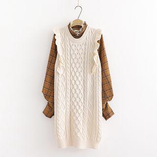 Lantern-sleeve Plaid Shirt / Sleeveless Midi Knit Dress