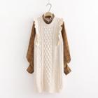 Lantern-sleeve Plaid Shirt / Sleeveless Midi Knit Dress