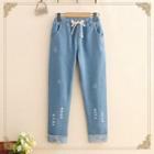 Rabbit Embroidered Fleece-lined Jeans