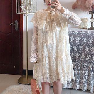 Long-sleeve Capelet Lace Dress Beige Almond - One Size