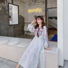 Embroidered Striped Long-sleeve Midi A-line Dress