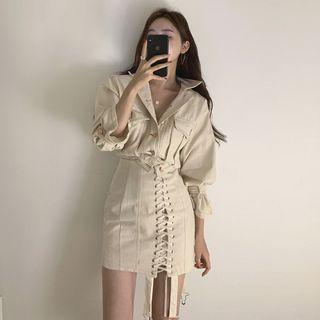 Cropped Buttoned Jacket / Lace-up A-line Mini Skirt