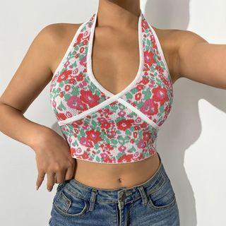 Halter Neck Floral Print Knit Top