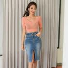 Slit-front Denim Skirt With Belt