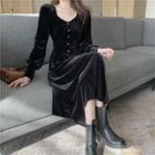 Velvet Long-sleeve Slim-fit Dress Black - One Size