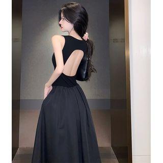 Two-tone Window-back Maxi Tank Dress Black - One Size