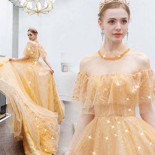 Elbow-sleeve Embroidered Ball Gown