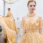 Elbow-sleeve Embroidered Ball Gown