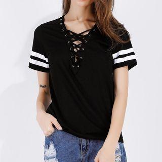 Short-sleeve Striped Strappy V-neck T-shirt