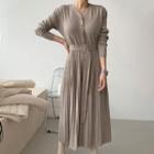 Long-sleeve V-neck Single Breasted Pleated Knit Midi Dress With Sash