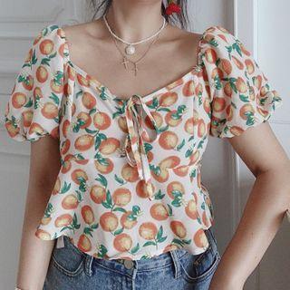 Orange Print Puff-sleeve Peplum Blouse